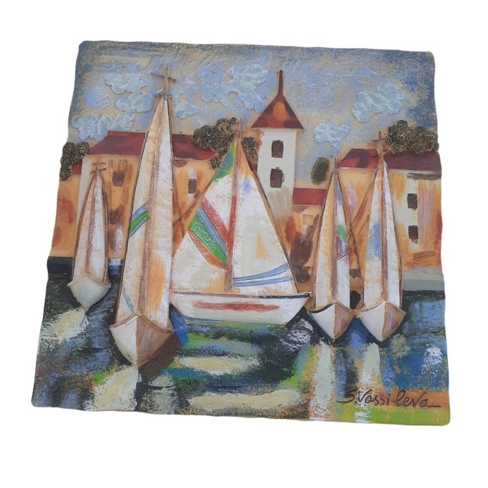 Sailboat Harbor Marina Wall Art 3D Resin Tile Plaque by S. Vassileva